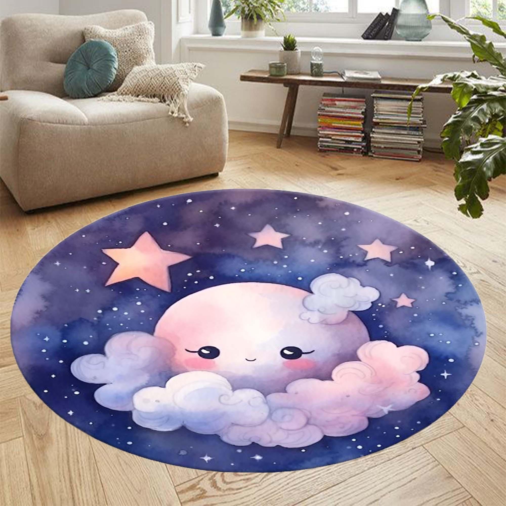 Moon Rug, Round Moon and Stars Rug, Cute Celestial Themed Circular ...