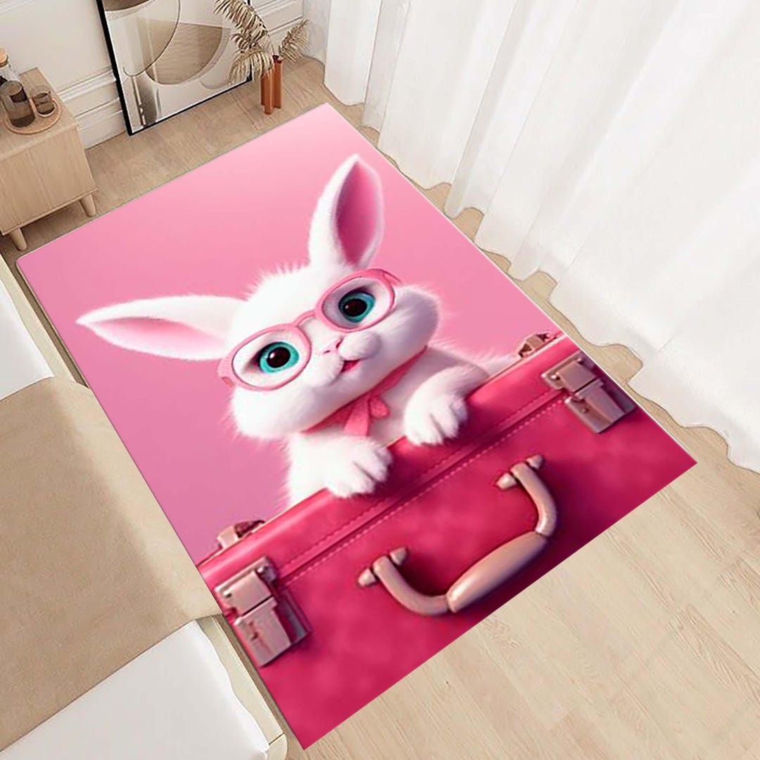 Rabbit Decor Rug, Pink Rabbit Rug, Kids Room Rabbit Rug, Rabbit Home ...