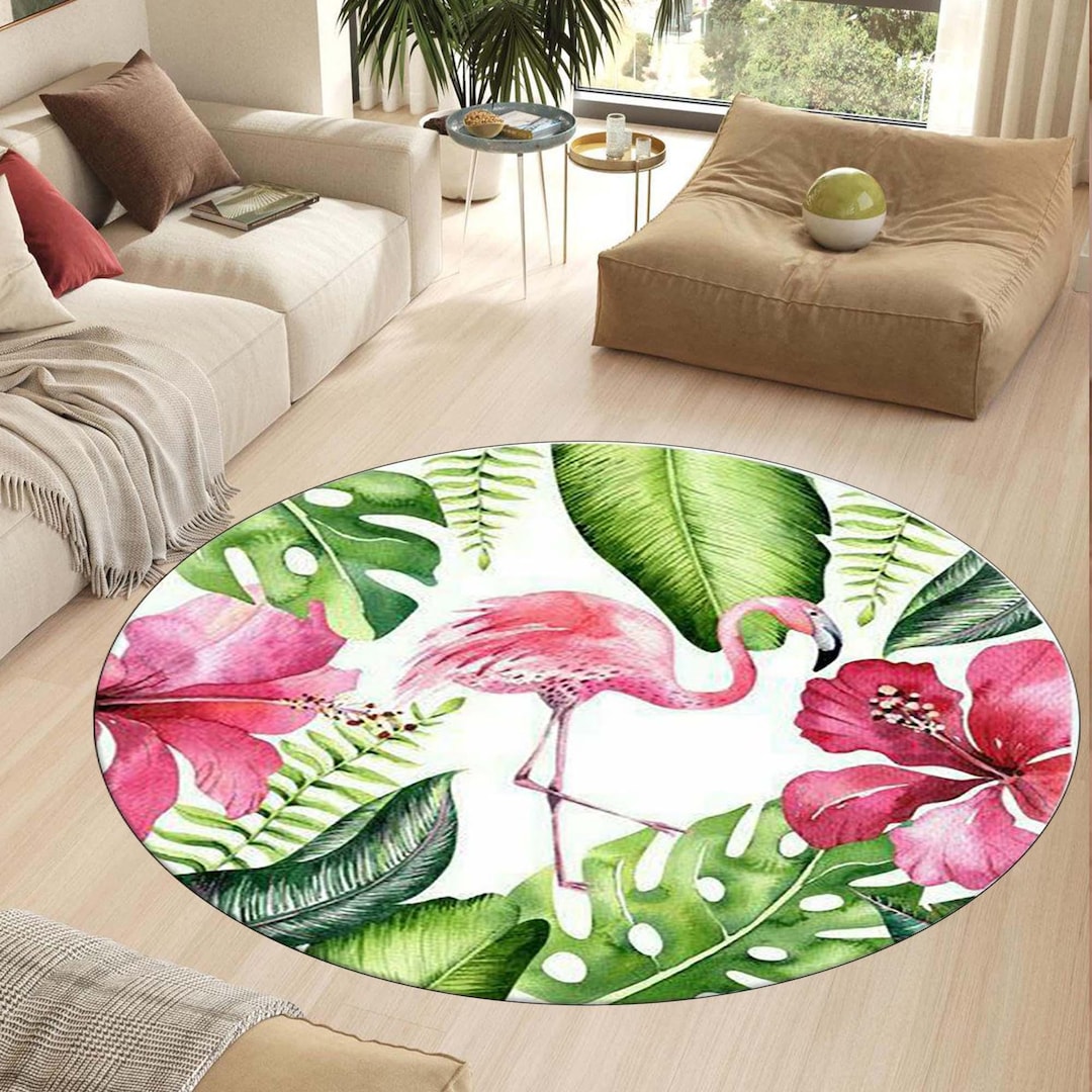 Round Rug, Tropical Flamingo Round Rug, Pink Flower and Leaf Pattern ...