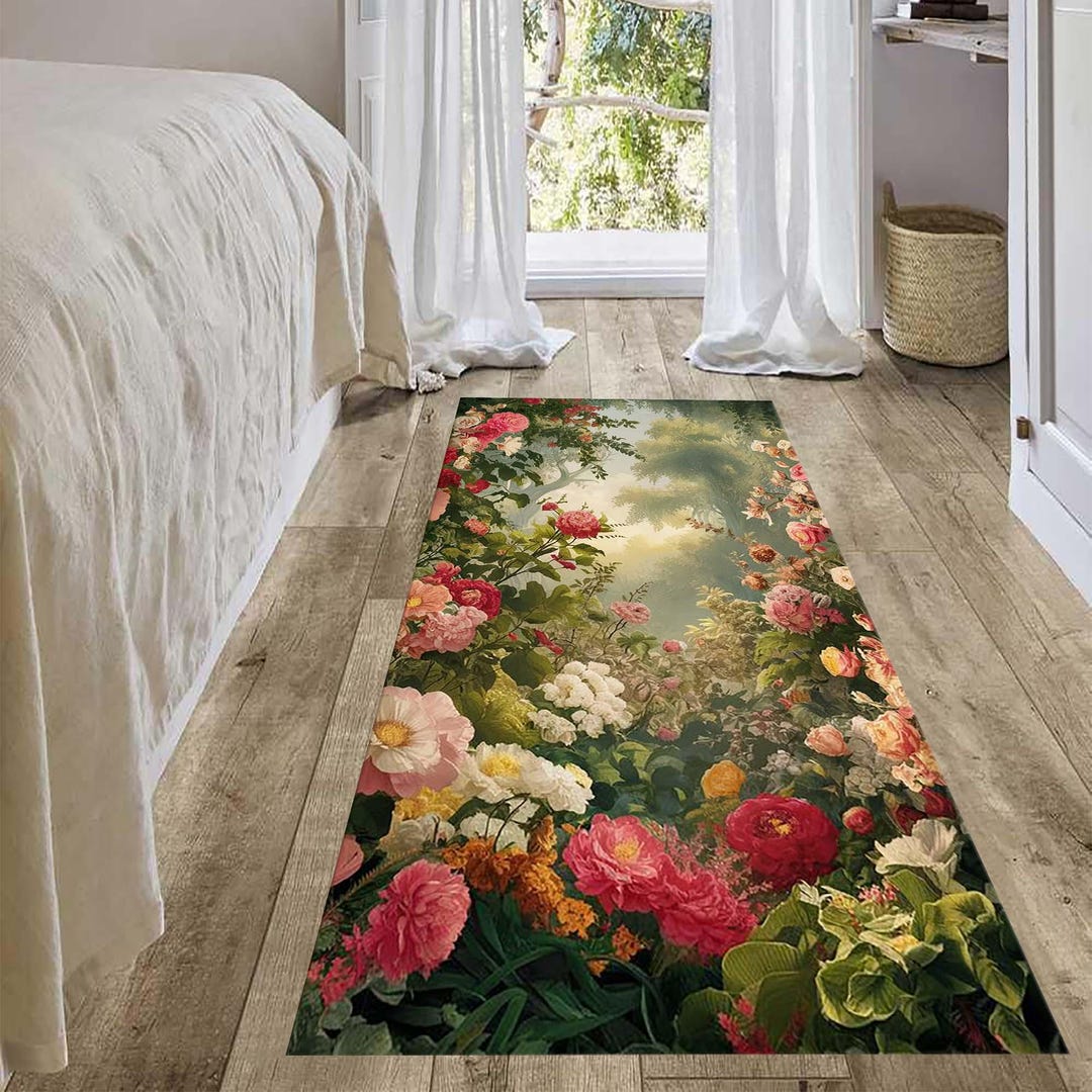 Runner Rug, Lush Garden Floral Runner Rug, Vibrant Nature Inspired ...