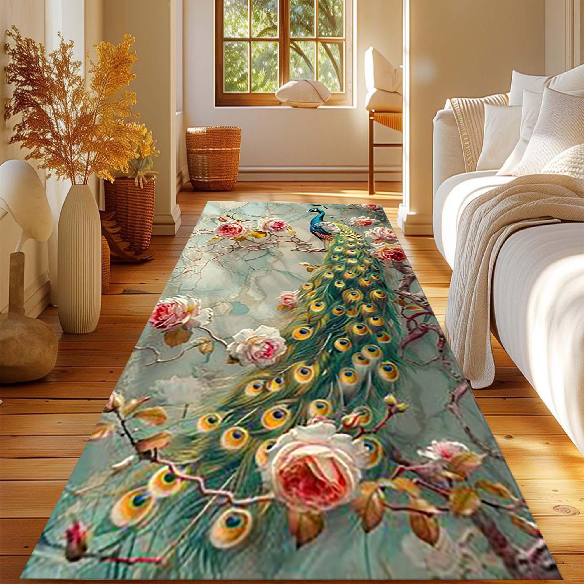 Runner Rug, Floral Peacock Rug, Elegant Boho Peacock Rug, Colorful ...