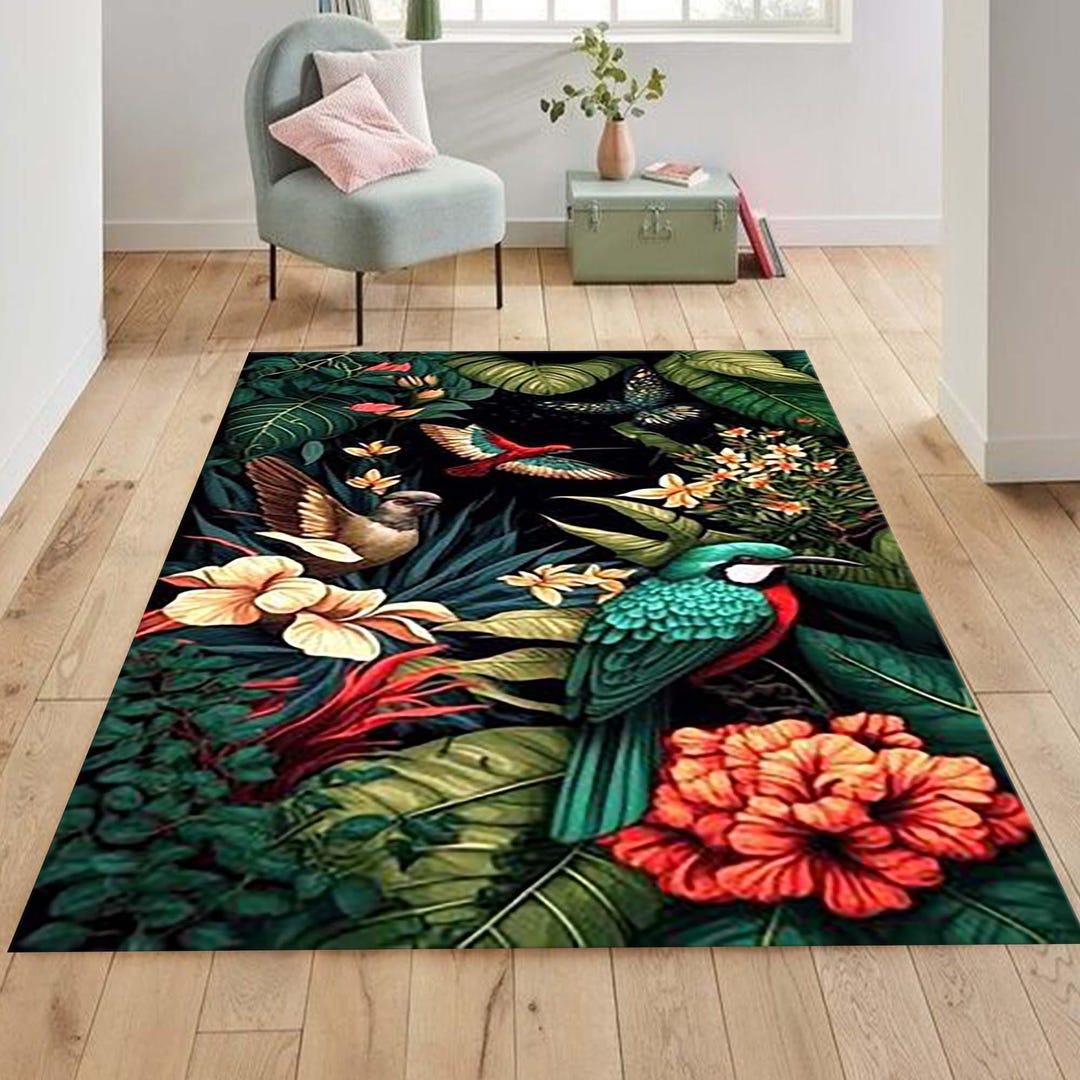 Tropical Jungle Area Rug, Exotic Bird and Floral Rug, Vibrant Botanical ...