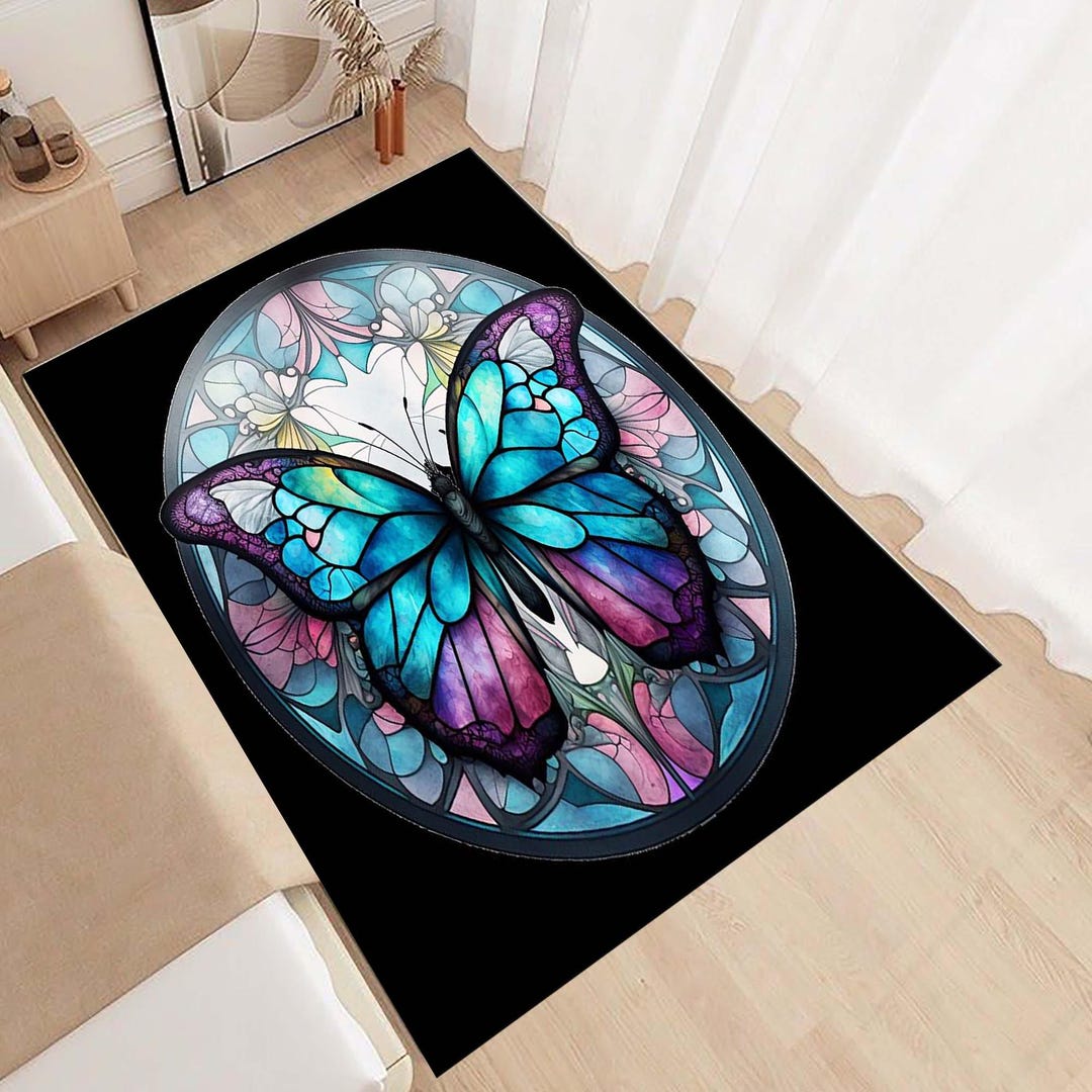 Area Rug, Stained Glass Effect Butterfly Rug,purple and Blue Rug ...