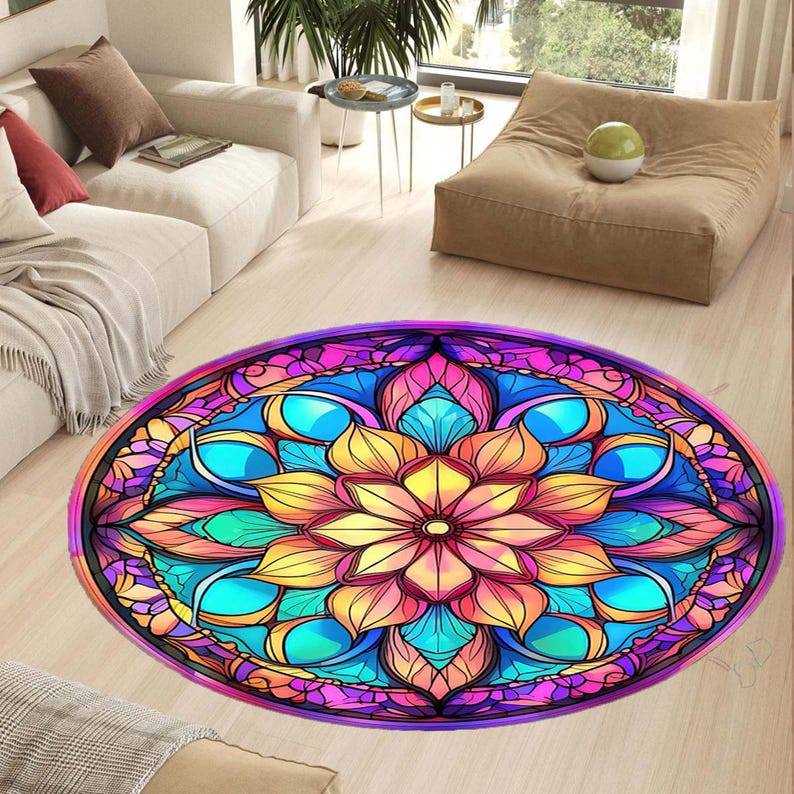 Stained Glass Rug Design Mandala Stained Glass Round Rug, Colorful Spiritual Boho Rug ...
