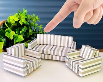 Sofá y sillones en miniatura para casa de muñecas: plantillas imprimibles, muebles de papel, archivo PDF para un montaje sencillo, decoración para casa de muñecas en miniatura