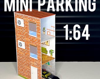 Aparcamiento de papel en miniatura. Kit de montaje. Para minicoches de colección de hierro con ruedas pequeñas a escala 1:64. Incluye instrucciones paso a paso.