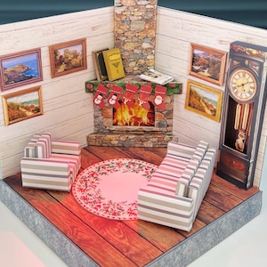 Printable DIY Dollhouse Room Box Kit | Cozy Fireplace Living Room Miniature | Scale Dollhouse Decor | Instant PDF Download