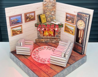 Kit imprimible para casa de muñecas DIY / Miniatura acogedora con chimenea para sala de estar / Decoración a escala para casa de muñecas / Descarga instantánea en PDF