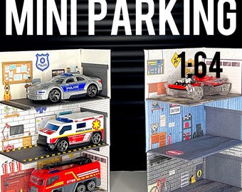 Plantillas imprimibles de garajes en miniatura: juego de 6 diseños de estacionamientos DIY a escala 1:64 para Hot Wheels.