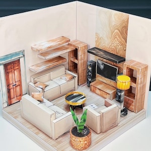 Printable Room Box Miniature, Modern Dollhouse Living Room, Papercraft Furniture Kit, Scale Model Decor, Architectural Marker sketch