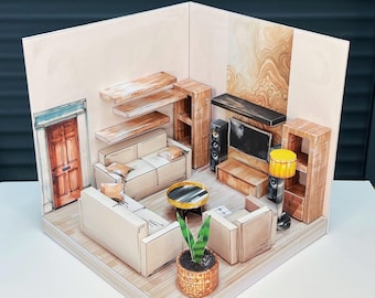 Caja de habitación imprimible en miniatura, sala de estar moderna para casa de muñecas, kit de muebles de papel, decoración a escala, boceto arquitectónico con marcador