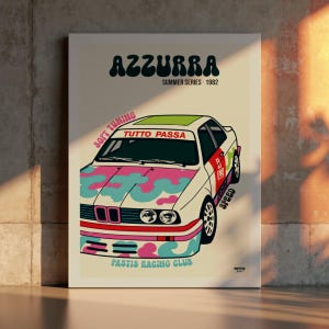 AZZURRA SPEED – Affiche voiture rétro tuning, Poster car déco murale A2 A4 12x17, Art print Côte d’Azur 80s, Illustration vintage graphique