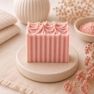 May include: A rectangular bar of light pink soap with vertical ridges along the sides and a decorative, swirled texture on the top surface. The soap is positioned upright on a circular, speckled beige base, showcasing a uniform pastel color.