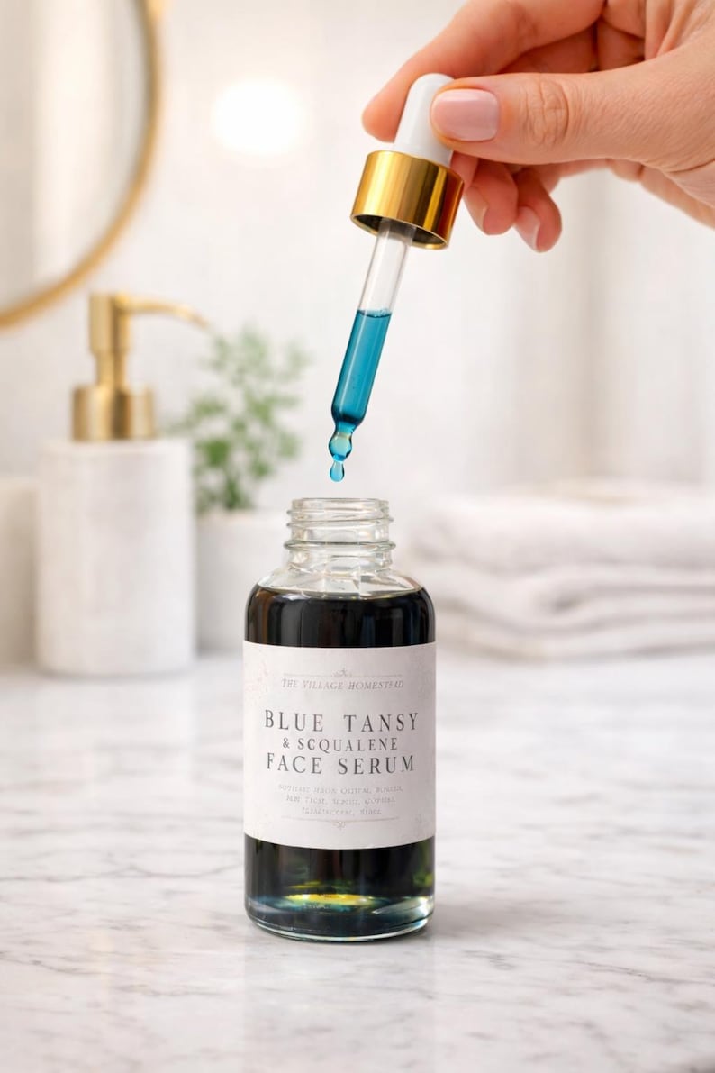 Pu&ograve; includere: Un flacone in vetro trasparente di siero viso Blue Tansy & Squalene con etichetta bianca e testo nero. Un contagocce in vetro con tappo dorato &egrave; tenuto sopra il flacone aperto, rilasciando una goccia di liquido blu vibrante nel siero scuro.