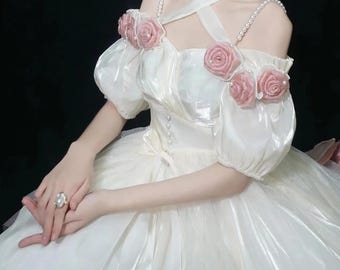 Robe de princesse fantaisiste en tulle, robe courte sirène lolita, robe dos nu à manches bouffantes, nœud papillon 3D, mini-robe cottagecore élégante