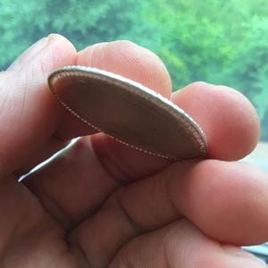 May include: A silver-colored, oval-shaped coin with a detailed, textured edge. The coin is held between fingers, with a blurred green background visible. The coin's surface appears to be a light brown color.