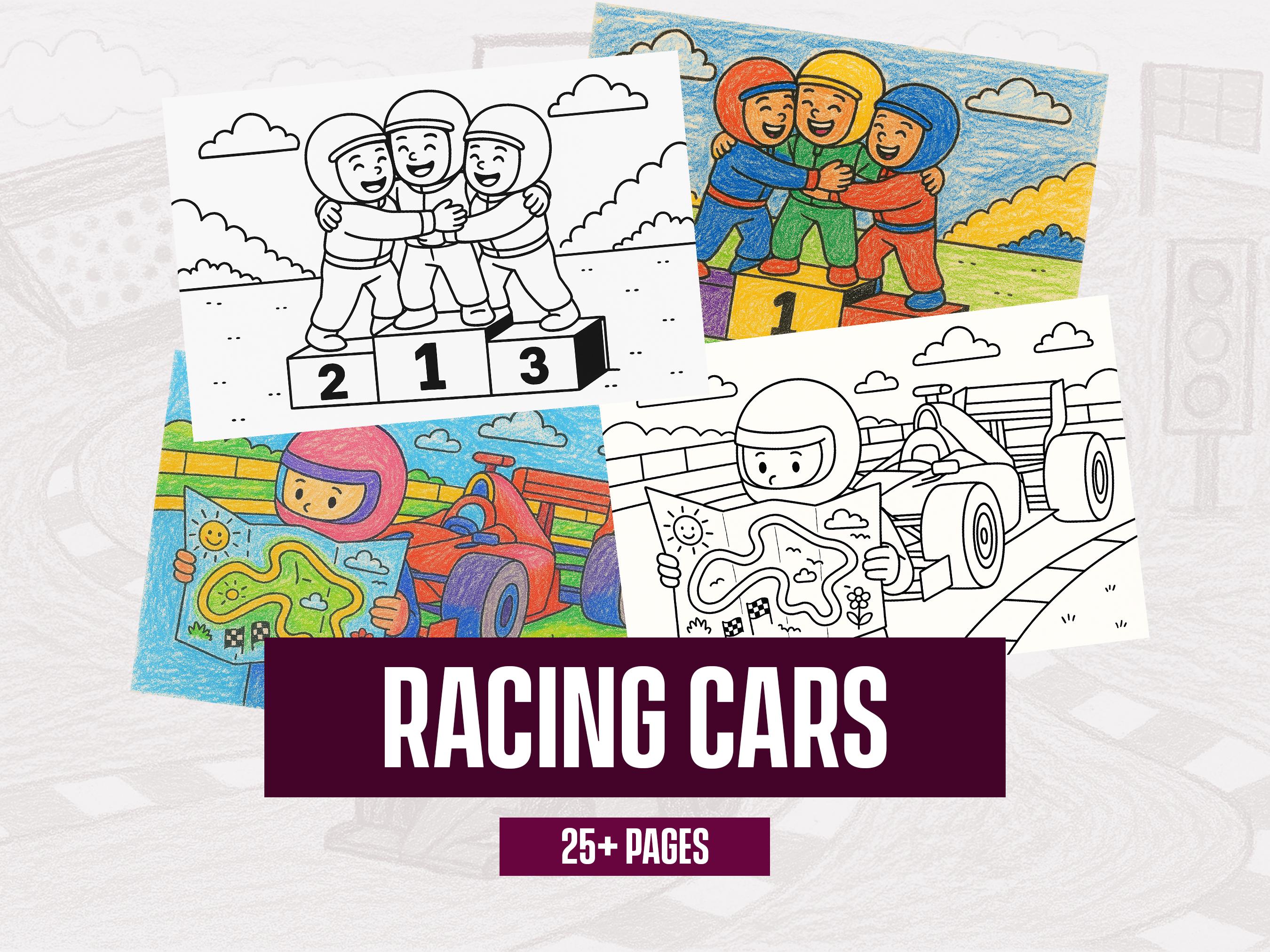 Racing Cars Coloring Book: A4 Activity Pages for Kids (PDF) - Etsy