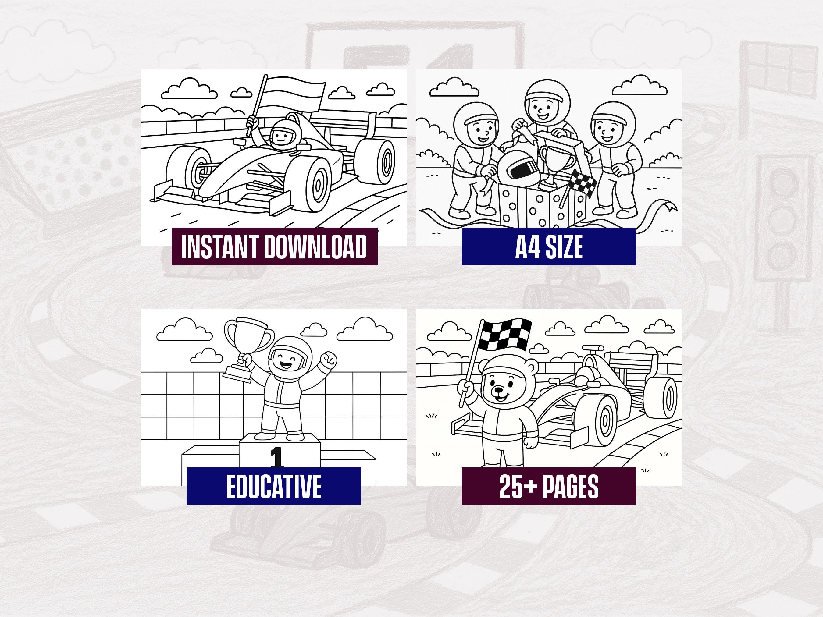 Racing Cars Coloring Book: A4 Activity Pages for Kids (PDF) - Etsy