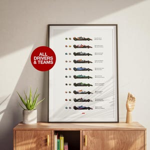Peut inclure: Impression encadrée présentant des voitures de course de Formule 1, avec les noms des pilotes et des équipes. Un cercle rouge avec le texte "ALL DRIVERS & TEAMS" est inclus. L'impression est sur un meuble en bois, avec une plante et une sculpture de main en bois.