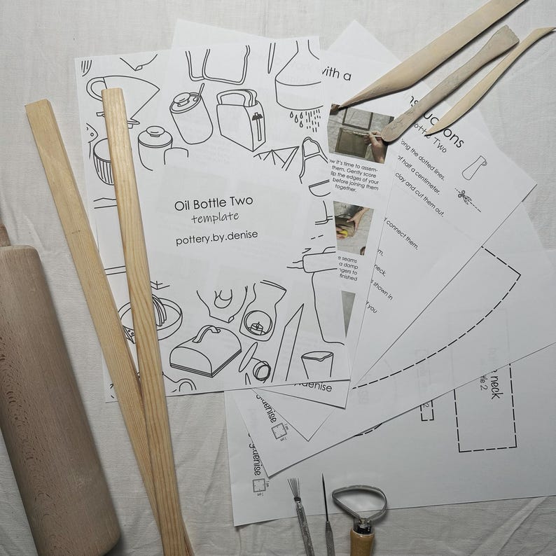 May include: A set of printable templates for making a pottery oil bottle. The templates include instructions for cutting and assembling the pieces. The image also shows tools for pottery, including a rolling pin, wooden sticks, and a pottery tool.