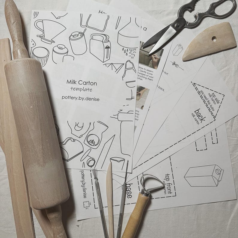 May include: A set of printable templates for making a milk carton out of clay. The templates include instructions for the top, front, back, and base of the carton. The image also shows a rolling pin, sculpting tools, and a pottery guide.