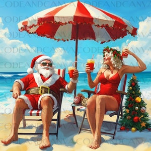 Santa and Mrs. Claus Beach Holiday | Tropical Christmas Digital Download | Summer Christmas Art
