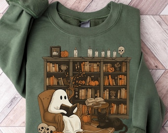 Retro Ghost Reading Books Sweatshirt, Librarian Ghost Halloween, Halloween Teacher Sweatshirt, Halloween Shirt, Teacher Gift, Boo School