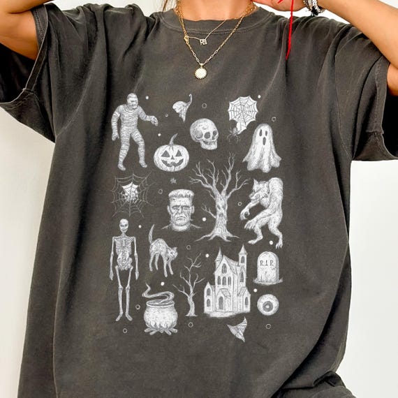 Halloween 90s Vintage Style Tshirt, Retro Comfort Colors® Y2k Halloween Shirt, Line Art Halloween, Halloween Monster Shirt, Monster Mash Tee