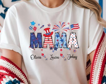 Comfort Colors Personalized 4th of July Mama Shirt With Kids Name Fourth of July T Shirt Patriotic Mama Shirt for July 4th Tee American Mama