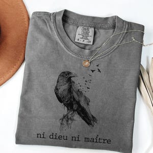 May include: A gray Comfort Colors t-shirt with a black raven graphic and the French text "ni dieu ni ma&icirc;tre". The shirt has a crew neck and short sleeves. A silver necklace with a small pendant is draped over the shirt.