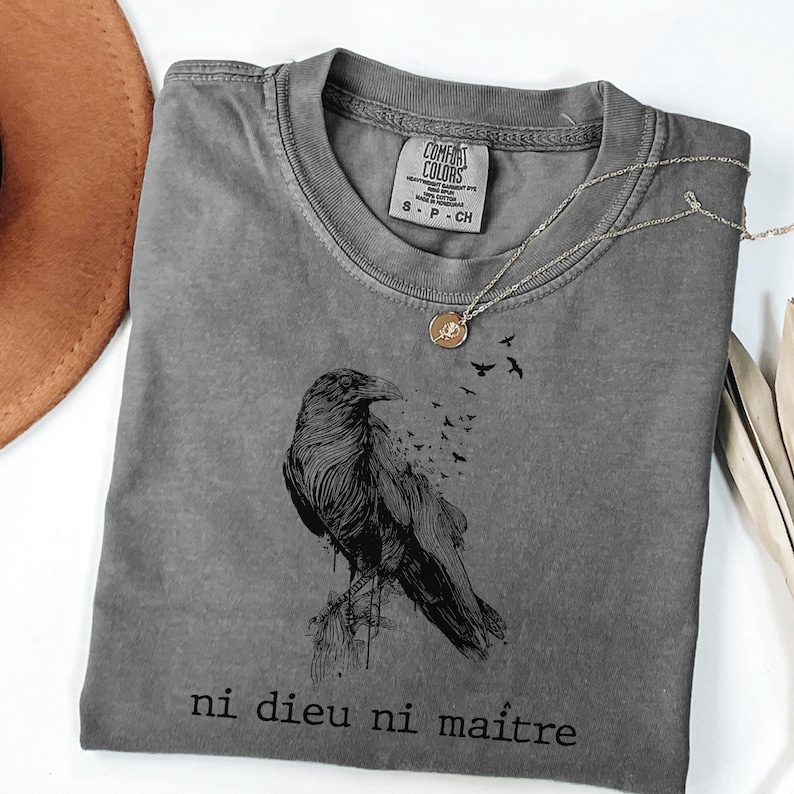 May include: A gray Comfort Colors t-shirt with a black raven graphic and the French text "ni dieu ni ma&icirc;tre". The shirt has a crew neck and short sleeves. A silver necklace with a small pendant is draped over the shirt.