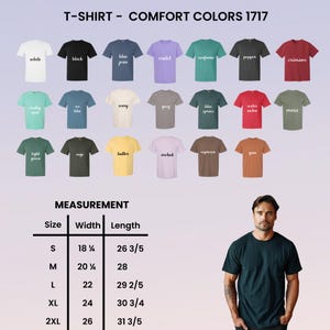Puede incluir: Una exhibici&oacute;n de camisetas Comfort Colors 1717 en varios colores, incluyendo blanco, negro y azul vaquero. La imagen tambi&eacute;n muestra una tabla de tallas con medidas en cm y una persona vistiendo una camiseta verde oscuro.