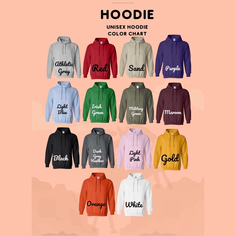Puede incluir: Carta de colores para sudaderas con capucha unisex que muestra 15 colores diferentes, incluyendo gris deportivo, rojo, arena, morado, azul claro, verde irland&eacute;s, verde militar, marr&oacute;n, negro, gris oscuro jaspeado, rosa claro, dorado, naranja y blanco.