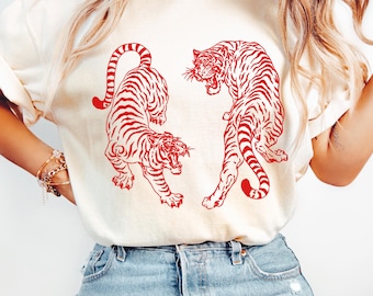 Comfort Colors® Japanese Fighting Tigers Tee Vintage Tattoo Art Graphic Shirt Retro Tiger Lover Gift Unisex Top