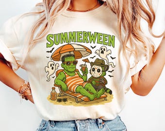 Summerween Shirt, Funny Summer-ween Tshirt, Summerween Horror Characters Shirt, Spooky Summer Tee, Halloween Gift,Year-Round,Beach Skelly
