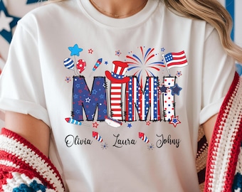 Comfort Colors Personalized 4th of July Mama Shirt With Kids Name Fourth of July T Shirt Patriotic Mama Shirt for July 4th Tee American Mama
