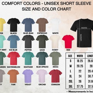 K&ouml;nnte beinhalten: Eine Farbkarte f&uuml;r Unisex-T-Shirts mit kurzen &Auml;rmeln. Die Karte zeigt verschiedene Farben, darunter Butter, Schwarz, Blue Jean und Rot. Ma&szlig;e in Zoll sind f&uuml;r die Gr&ouml;&szlig;en S bis 3XL angegeben, mit Breiten- und L&auml;ngenangaben.