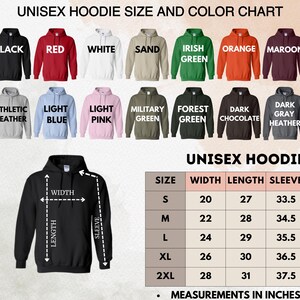 May include: A unisex hoodie size and color chart. The chart displays various hoodie colors, including black, red, white, and sand. A black hoodie is shown with measurements in inches. The size chart includes width, length, and sleeve measurements.