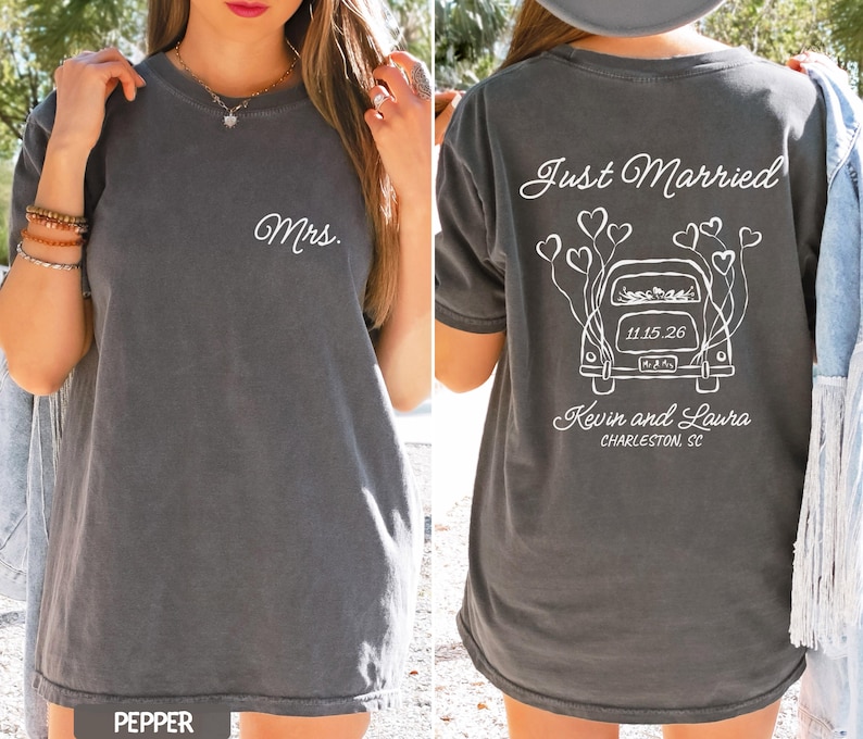 Custom Just Married Shirt, Wife Husband Matching Shirts Comfort Colors®, Just Married Gifts, Honeymoon Gifts, Newlywed Shirts, Couple Tee image 2