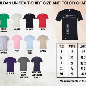May include: A Gildan unisex t-shirt size and color chart. The chart displays various t-shirt colors, including Irish Green, White, Black, and Red. Size measurements are in inches, with a width of 18 inches and a length of 28 inches for size S.