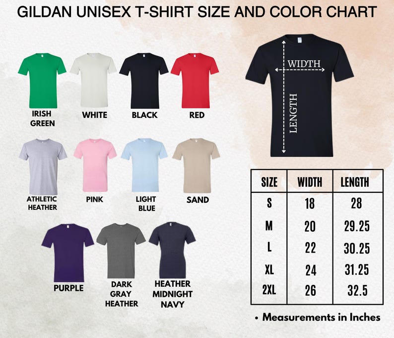May include: A Gildan unisex t-shirt size and color chart. The chart displays various t-shirt colors, including Irish Green, White, Black, and Red. Size measurements are in inches, with a width of 18 inches and a length of 28 inches for size S.