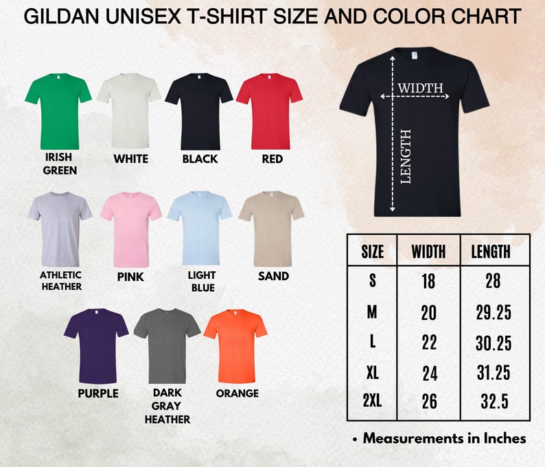 May include: A Gildan unisex t-shirt size and color chart. The chart displays various t-shirt colors, including Irish Green, White, Black, and Red. Measurements are in inches, with sizes ranging from S to 2XL. The width of the shirts ranges from 18 to 26 inches.