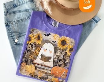 Comfort Colors® Vintage Ghost Reading Books Shirt, Bookish Halloween Tee Teacher Librarian Halloween Gift, Halloween Book Lover Ghost School