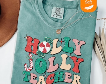 Comfort Colors® Retro Holly Jolly Teacher Shirt, Christmas Teacher Shirts, Christmas Gift For Teacher,Christmas Shirt, Teacher Christmas Tee
