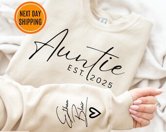 Custom Auntie Sweatshirt With Niece Nephew Names On Sleeve, Personalized Aunt Hoodie, Auntie Outfit, New Auntie Clothing, Announcement Gifts