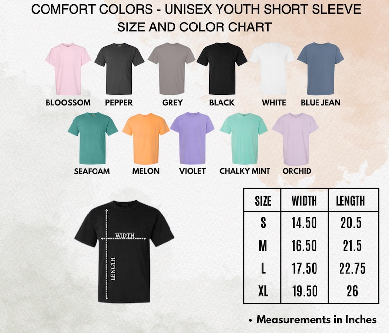 K&ouml;nnte beinhalten: Eine Farbkarte f&uuml;r Unisex-Jugend-T-Shirts mit kurzen &Auml;rmeln. Die Karte zeigt verschiedene Farben, darunter Blossom, Pepper, Grey, Black, White und Blue Jean. Weitere Farben sind Seafoam, Melon, Violet, Chalky Mint und Orchid. Die Ma&szlig;e sind in Zoll.
