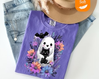 Comfort Colors® Ghost Cat Floral Halloween Shirt, Cute Black Cat Spooky Season Tee, Pastel Goth Halloween Shirt, Aesthetic Ghost Cat T-Shirt