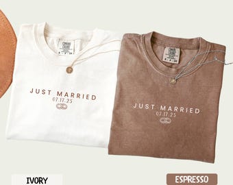 Comfort Colors® Just Married Shirts with Date, Personalized Wedding Couple Gift, Honeymoon Outfit, Newlywed Anniversary Tee Set