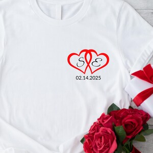 Personalized Initial Heart Pocket T-shirt, Customizable Valentine’s Day Tee, Custom Couple T-shirt, Custom Couples Initial T-shirt with Date