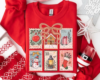 Vintage Christmas Stamp Sweatshirt Winter Holiday Sweater Retro Christmas Crewneck Woman Holiday Sweatshirt Christmas Coquette Postage Shirt